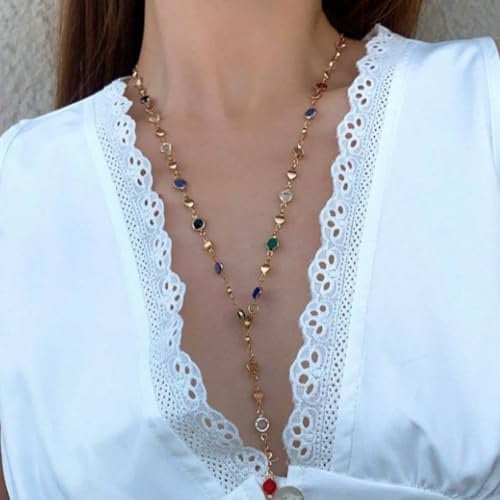 HshDUti Colourful CZ Crystal Pendant Necklace Long Statement Pendant Necklace Long Sweater Chain Y Necklace Jewelry for Women Girl Teenage Birthay Christmas Valentine's Day Gifts Gold