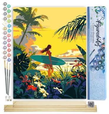 Figured'Art Peinture par Numéro Adulte avec Cadre Surfeuse au coucher du soleil - Activité Manuelle Kit de Loisir Créatif DIY Numéro d'Art Complet - 40x50cm avec châssis en bois à monter