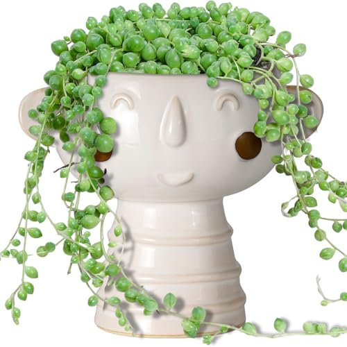 Fivepot Head Planter for Indoor Plants - 7 Inch Ceramic Face Planter, Cute Succulent Pot with Drainage Hole, Indoor Outdoor Flower Plant Pot, Home Garden Decor, Gift for Plant Lovers, White