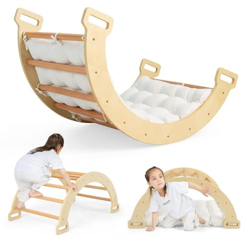 HOMASIS 2 en 1 Escalada Infantil de Madera Montessori, Triángulo de Escalada con Cojín, Recorrido de Motricidad para Bebés, Caballo Mecedora para Niños 3 Años+ (Natural)