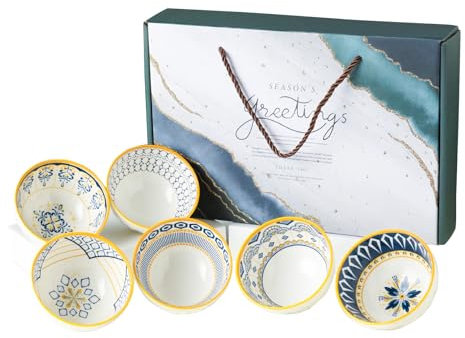 AmiCera Lot de 6 petits bols à céréales, 300 ml, motif géométrique symétrique, ensemble de vaisselle en céramique, bol à riz avec coffret cadeau, passe au lave-vaisselle et au four, passe au