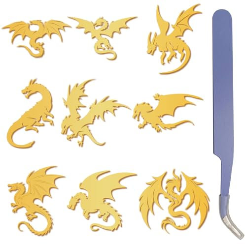 craspire 9 Stück Fliegender Drache Goldene Metallaufkleber 1,5 x 1,5 Zoll Mit Pinzette Vintage Drache Wasserfest Selbstklebend Nickel Dekorationsaufkleber Abziehbilder Für Sammelalben Harzbasteleien