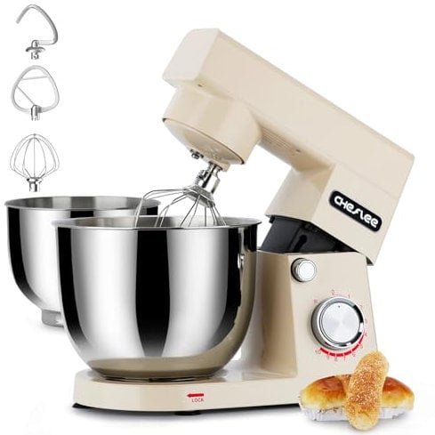 Robot Patissier CHeflee,1500 W Robot Pâtissier,avec Bol en Acier Inoxydable de 4,5 et 5,5L,10+P Vitesse,avec Crochet Mélangeur,Crochet Pétrisseur,Fouet et Protection Anti-Eclaboussures (Blanc laiteux)