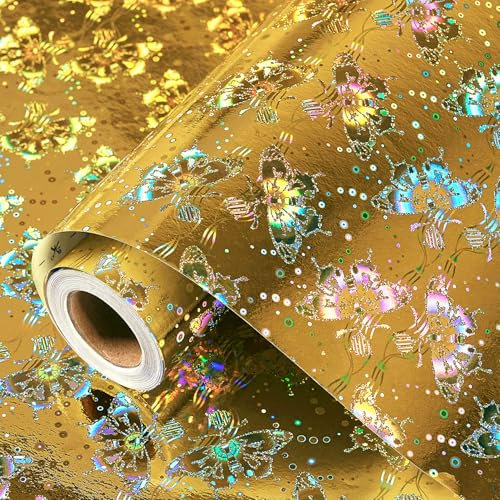 Holografisches Geschenkpapier, Gold Schmetterling Geschenkpapier Rolle für Frauen Mädchen, Bunte Metallic Folie Geschenkpapierrolle für Geburtstag, Valentinstag, Muttertag, 43CM X 10M