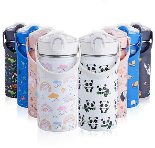 Autsel 420ml/14oz Kids Insulated Water Bottle with Straw, Childrens Stainless Steel Water Bottle, Kids Drinks Bottle Leakproof, Metal Girls/Boys Water Bottle Keep Drinks Hot Cold, BPA Free