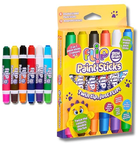 Little Brian Paint Flip Paint Sticks For Kids - 6 Pack with 12 Assorted Colours, Twin Tips, Double-Ended - Mess-Free, Easy Clean Up, Fast Drying Action, Vibrant Colours, Multi-Surface, Twist & Paint