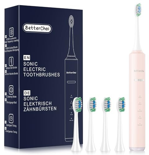 Betterchoi Elektrische Zahnbürste, Schallzahnbürste, 41.000 VPM Maglev Motor, 4 Ersatzbürsten, IPX7 Wasserdicht, 180 Tage Akkulaufzeit, 5 Reinigungsmodi und Smart Timer, Rosa