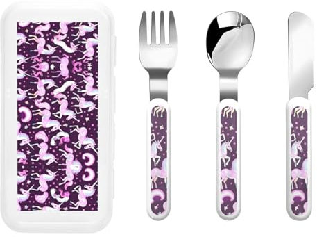 Reiseutensilien-Set mit Etui, Motiv: Einhörner, Rosa, inklusive Gabel, Löffel, Messer, ergonomischer Löffel für Rechtshänder