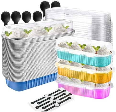 30Set Mini Loaf Cake Cases 200ML,Mini Cake Pans with Lids and Spoons,Reusable Aluminum Baking Cups,for Bread Cakes,Weddings, Picnics, and Pairing (Mixed Color)