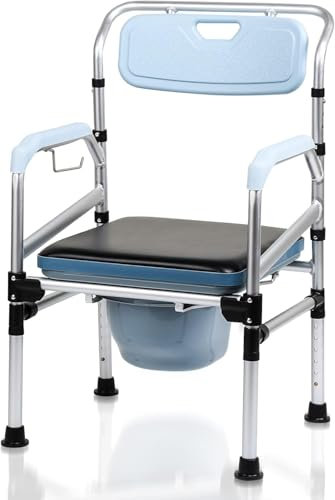 Vkechh Toilettenstuhl Höhenverstellbar, WC-Stuhl Antirutschendenmit gepolsterter Sitzplatte und Toiletteneimer, Armlehne und Rückenlehne, Klappbarer Tragbarer Toiletteneimer, Duschhocker bis 160kg