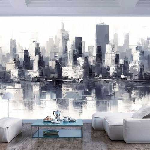 Fototapete 3D Effekt Tapete Schlafzimmer Ölgemälde moderne Stadt schwarz weiße Landschaft Tapeten Wandtapete XXL Wanddeko Design Wand Dekoration Wohnzimmer Schlafzimmer Büro Flur 3D Effekt