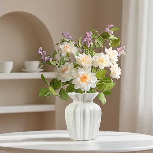 Keramik Vase, Weiße Blumenvase Trockenblumen Vasen für Pampasgras,14cm hoch Dekovase Klein Boho Vase für Wohnungsdeko,Esstisch, Büro,Nordic Stil