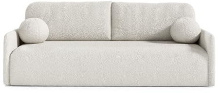 Dreisitzer Sofa mit Schlaffunktion und Bettkasten, Schlafsofa mit Stauraum und Federkern, Couch mit Rückenpolstern, losen Kissen, modernes Schlafsofa mit Bettfunktion (Weiß, 206x95x87 cm)