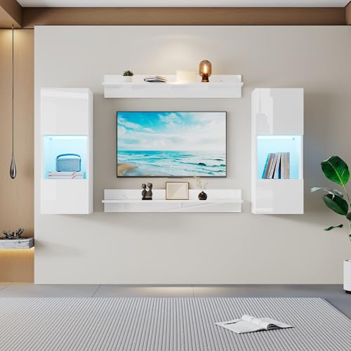 Set di 4 mensole a muro con pensile a LED e 2 ripiani set di mobili TV superficie lucida e ante in vetro temperato per soggiorno camera da letto compatibile con TV armadio bianco