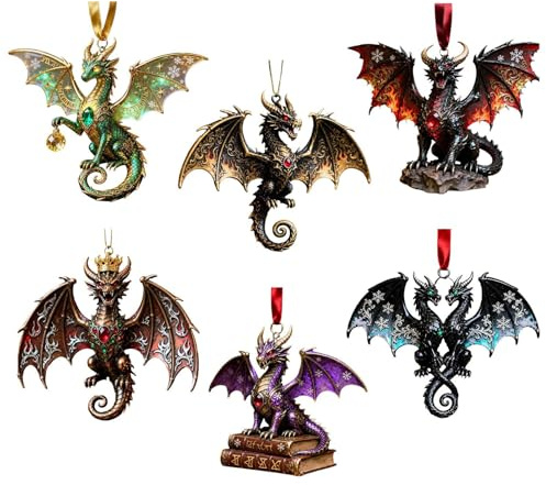Yidueace Weihnachtsschmuck Fliegender Drache - 6-Teiliger 2D Acryl Schmuck Für Die Heimdekoration - Weihnachtsbaum Anhänger | Für Zuhause, Büro, Hotel, Schule, Garten, Terrasse und Hof