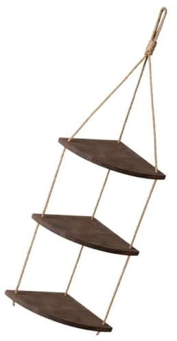 NUOBESTY Fan Shaped Wall Corner Flowerpot Shelf in Coffee Wood and Rope | Detachable Build, Thickened Rope Detail, Seamless Nail Hook and Metal Ring Included