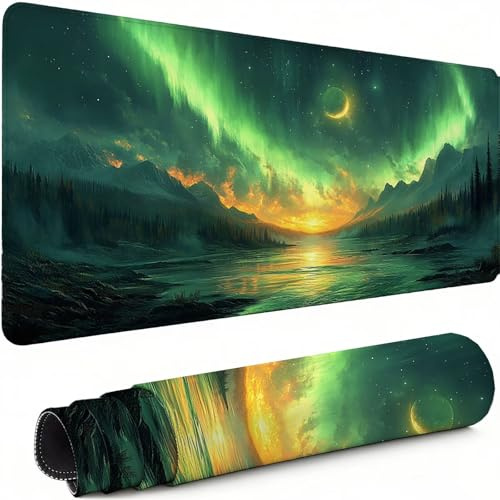 Tapis de Souris de Jeu Vert Tapis Souris XXL 900 x 300 mm, Aurore sous Main Bureau Bords Cousus Imperméable Antidérapant, pour PC, Ordinateur Portable Améliore la Précision et la Vitesse C-2931