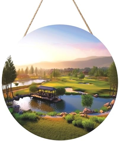 Golf Resort Park 12 Inch Round Wood Sign Wall Decor, Rustic Wooden Hanging Door Sign with Rope for Home Farmhouse