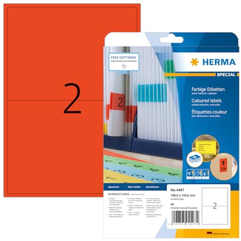 HERMA 4497 Farbige Etiketten rot ablösbar, 20 Blatt, 199,6 x 143,5 mm, 2 pro A4 Bogen, 40 Stück, selbstklebend, bedruckbar, matt, blanko Papier Farbetiketten Aufkleber