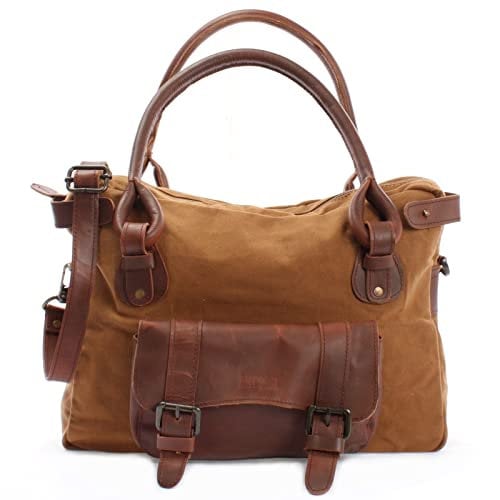 LECONI Henkeltasche Canvas + Echtleder Damentasche Retro-Look Handtasche Damen Vintage Schultertasche für Frauen 38x29x11cm braun cognac LE0050-C