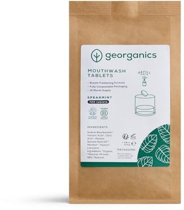Georganics - Natürliche Bio-Mundspültabletten – Zahnreinigungstabletten für Frischen Atem mit Natron und Menthol - Vegan, ohne SLS, Tierversuche und Fluorid - Grüne Minze - 720 Tabletten