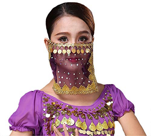 Damen Bauchtanz Tribal Gesichtsschleier Maske mit Münzen Halloween Kostüm Zubehör - Violett - Einheitsgröße