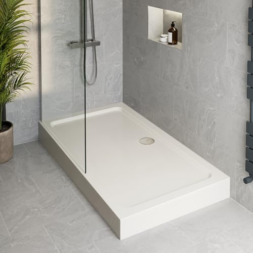 Podium® 1400 x 700 x 140mm White Bathroom Non Slip Tray for Enclosures Cubicles & Wet Room with Chrome Waste + Riser Kit, Rectangular