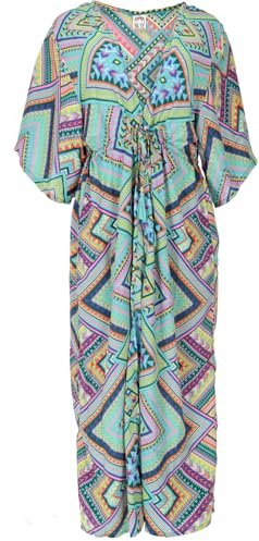 GURU SHOP Kimonokleid, Seidig Glänzender Boho Kimono, Kimonomantel - Mehrfarbig, Damen