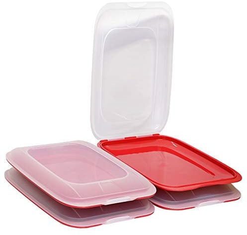 ENGELLAND - 4 x Stapelbare Aufschnitt-Boxen mit Deckel, Farbe: Rot, Wurst-Behälter, Frischhalte-Dose, BPA-frei, wiederverwendbar, 25 x 17 x 3,3 cm