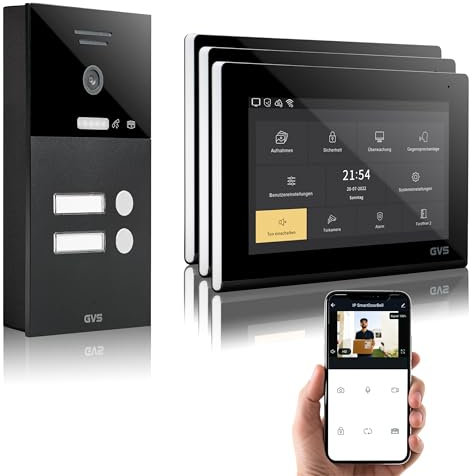 GVS - IP Video Türsprechanlage 2-Familienhaus mit Türöffner, HD Kamera, 3x7 Zoll Monitor & App - Smarte Video Türklingel mit Kamera & Gegensprechanlage (AVS1289A)