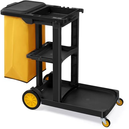 TUFFIOM Commercial Traditional Cleaning 3-Shelf Janitorial Cart, 500 Lbs Capacity Housekeeping Cart, Wheeled with Yellow VinylBag and Cover w Lid, Black