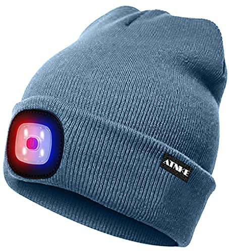 ATNKE LED Beleuchtete Mütze,Wiederaufladbare USB 4 LED Rot und Blau Leuchten Blinkender Laufmütze mit Licht Extrem Heller Lampe Winter Warme für Herren und Damen Geschenke/Shadow Blue
