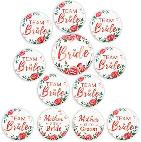 DPKOW Blumen Rosé Gold JGA Buttons Accessoires, 9 Team Braut Buttons 1 Braut Button 1 Mutter der Braut/Bräutigam für Junggesellinnenabschied Gastgeschenke Accessoires Junggesellenabschied Hochzeit