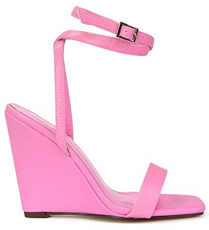 Womens Strappy Ankle Strap Wedge Heel Sandals Ladies Square Toe Shoes Size Pink