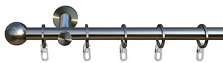 tilldekor Gardinenstange nach Maß, Formentor, 1-lauf, Edelstahl-Optik 20 mm Durchmesser, Wunschmaßlänge 330 cm inkl. Trägern,Endstücken, Ringen und Faltenlegehaken