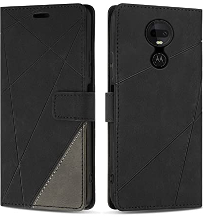 SONWO Hülle für Moto G7 / G7 Plus, Premium PU Leder Flip Case Wallet mit Magnetverschluss, Schwarz