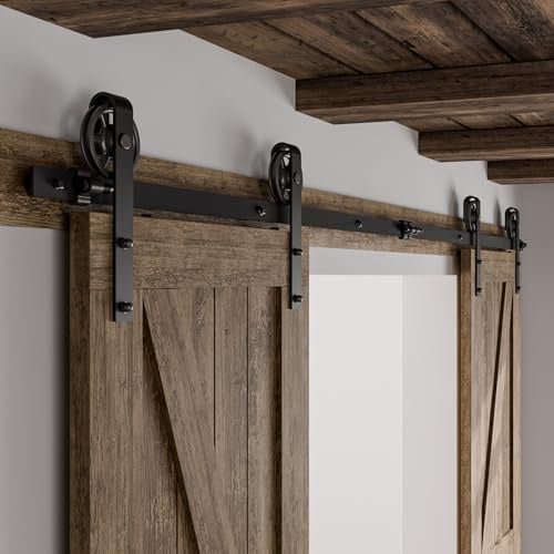 Schiebetürbeschlag Doppeltür 396cm Schiebetüren Schiebetürsystem Komplettset Laufschiene Rollen Set Schwarz für 2 Holztür 99cm Breit, Mittlere Rolle in J-Form