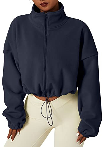 QINSEN Women's Full Zip Fleece Jacket Stand Collar Winter Warm Cropped Outwear Baggy Sherpa Short Coat Navy S