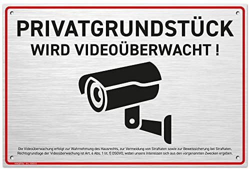 HAGEFOL® Schild Videoüberwachung Privatgrundstück (30x20 cm - groß) mit DSGVO Hinweis, inkl. 4 Bohrlöcher, Kamera Warnhinweis für Überwachungskamera oder Kamera Attrappe (Aluminium gebürstet)