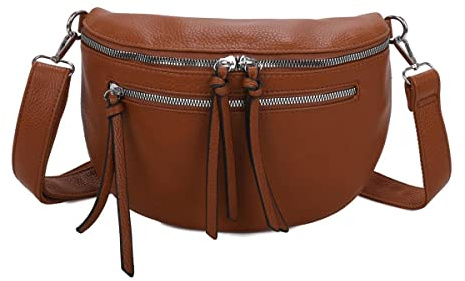 Damen Tasche Gürteltasche Crossbody Leder Optik Hüfttasche Bauchtasche Umhängetasche Cross-Over Bodybag Schultertasche Handytasche Leder Optik Cognac XL