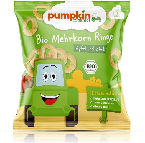 Pumpkin Organics Baby Bio Knabbersnack Mehrkorn Ringe Apfel Zimt 100% Bio | Mehrkorn Snackfreude ab 8 Monaten, gepufft, allergenfreier² und glutenfreier³ Bio Beikostsnack ohne Salz- oder Zuckerzusatz¹