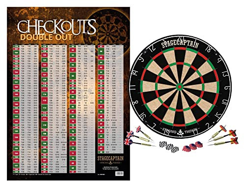 Stagecaptain DBS-1715 Bullseye Pro Dartscheibe Poster Set - aus Sisal - dünne Drahtspinne - Durchmesser: 45 cm - Inkl. 6 Steeldarts, 12 Flights & Wandbefestigung - inklusive Checkout-Poster