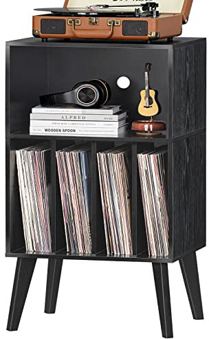 Lerliuo Supporto per giradischi, supporto nero per giradischi, può contenere fino a 160 album, mobile in vinile Mid-Century con gambe in legno massello, supporto per giradischi, mensola per camera da