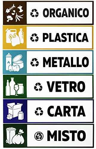 Set di 6 Adesivi Raccolta Differenziata Rifiuti Mis.15×4cm con Illustrazione Etichette Adesive in PVC per Bidoni Riciclaggio Rifiuti in Italiano (1 set 6pz)
