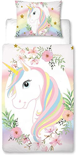 MUSOLEI Housse de Couette Licorne 140x200cm Fille Enfant Rose 3D Motif Imprimé Parure de Lit 1 Personne en Microfibre avec Fermeture Éclair avec Taie d'oreiller 65x65cm Cadeau Fête Anniversaire