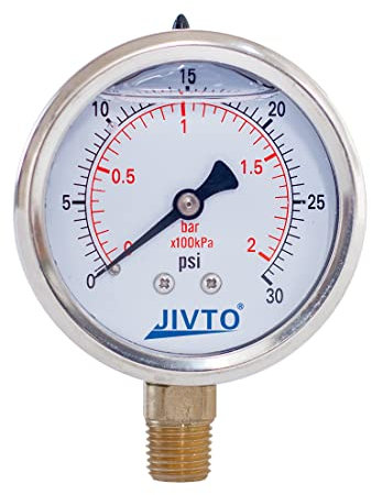 JIVTO liquid filled pressure gauge, 2.5 dia,0-30 Psi,0-2 Bar, 1/4 BSPT lowr mount
