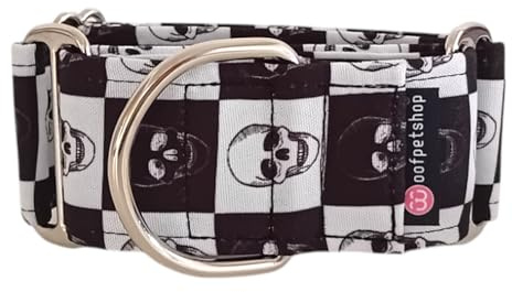 Woofpetshop® Martingale Hundehalsband, Halsband für kleine, mittelgroße und große Hunde, ideales Hundehalsband Windhunde und Podenco (5 cm – Größe S (34 ~ 44 cm), schwarzer Totenkopf