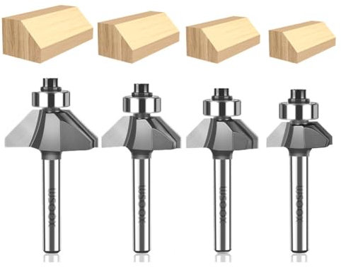 WSOOX 45 gradi smusso router Bit set con 1/4 di pollice gambo 4PCS C3 Carburo Bevel Edging Router Bit diametro di taglio: 1/4, 5/16, 3/8, 1/2.