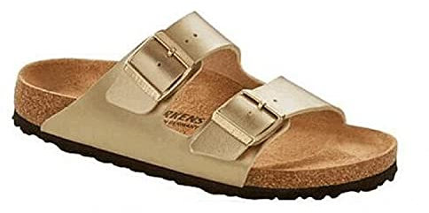 Damen Pantoletten - Schuhe Mit Verstellbaren Riemen - Outdoor & Hausschuhe Mit Sohle Aus Feinstem Gummi - Sandalen Mit Natur Kork-Fußbett (Gold,37 EU)