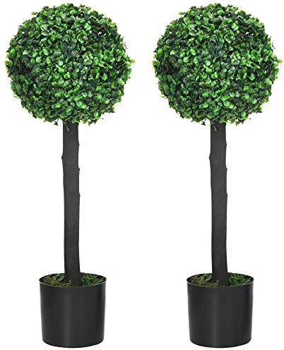HOMCOM Piante artificiali, set di 2 piante da appartamento resistenti ai raggi UV, bosso da 60 cm, pianta artificiale con vaso di fiori, albero artificiale, decorazione del soggiorno per giardino,